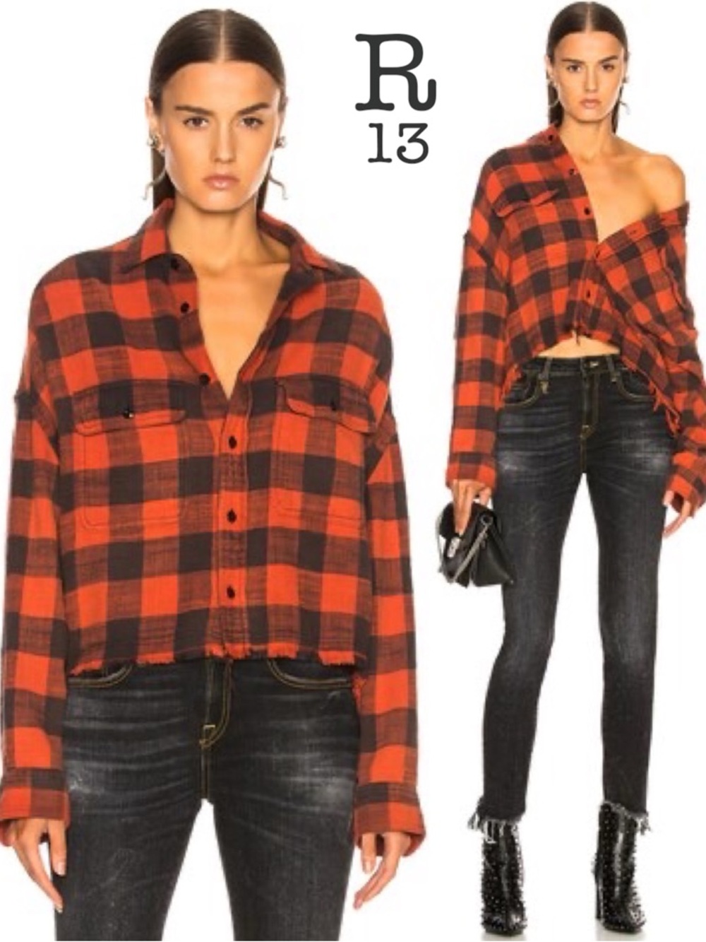 R13 CROPPED WORK SHIRT RED PLAID S Oversized Distressed Flannel Japanese Fabric